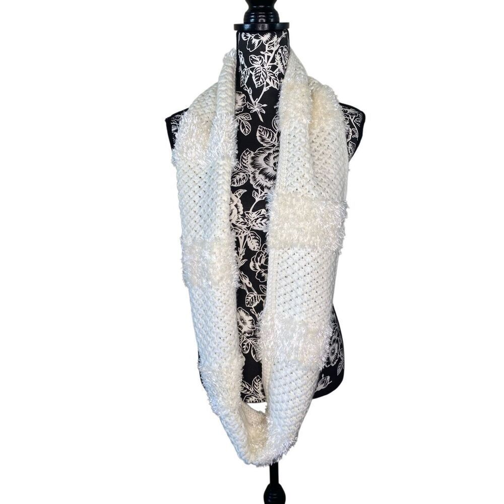 White Knit Infinity Scarf Fuzzy Panels Soft Winter Loop Cozy Accessory School